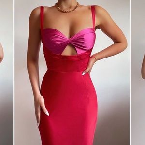 Pink and red twist front cut out midi dress